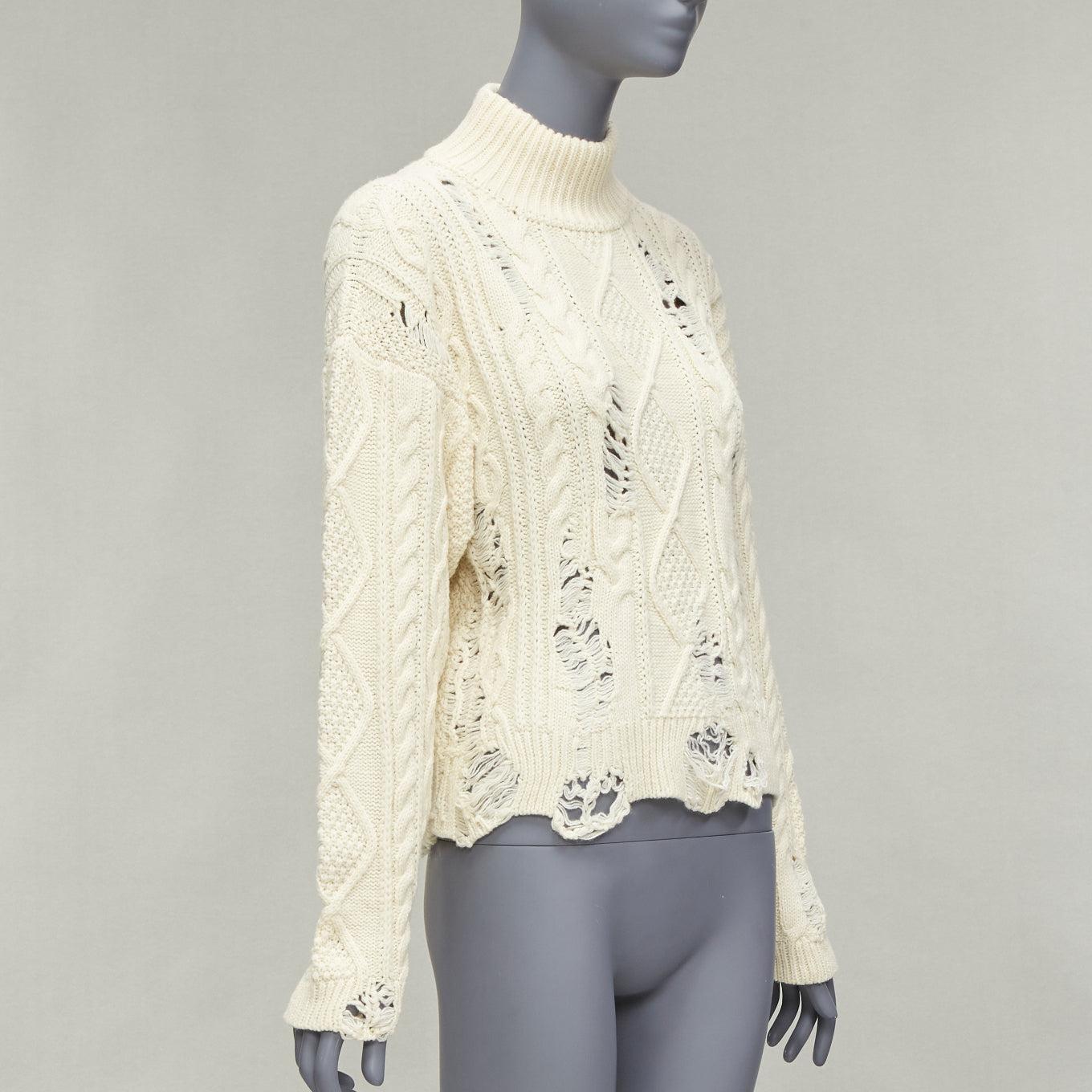 MIHARA YASUHIRO cream acrylic wool distressed cable knit pullover sweater FR36 In Excellent Condition For Sale In Hong Kong, NT
