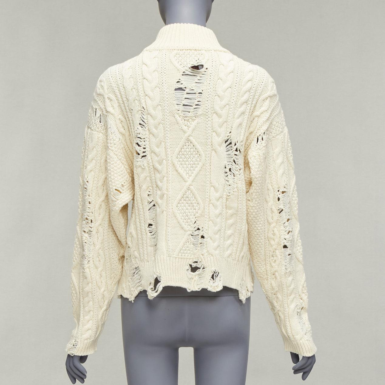Women's MIHARA YASUHIRO cream acrylic wool distressed cable knit pullover sweater FR36 For Sale