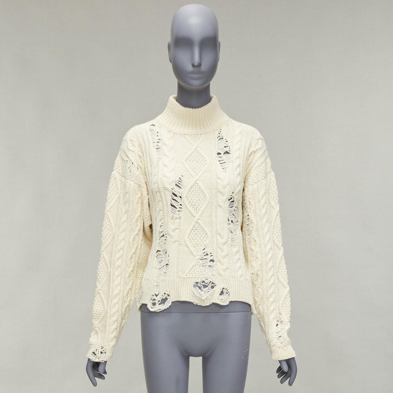 MIHARA YASUHIRO cream acrylic wool distressed cable knit pullover sweater FR36 For Sale 5