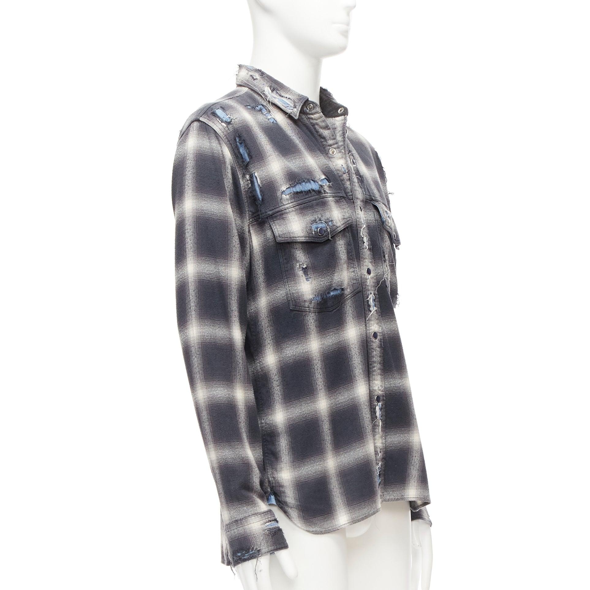 MIHARA YASUHIRO distressed grey plaid overlay blue casual shirt FR50 L
Reference: CNLE/A00291
Brand: Mihara Yasuhiro
Material: Cotton, Blend
Color: Grey, Blue
Pattern: Plaid
Closure: Snap Buttons
Extra Details: Blue plastic snap buttons. Micro