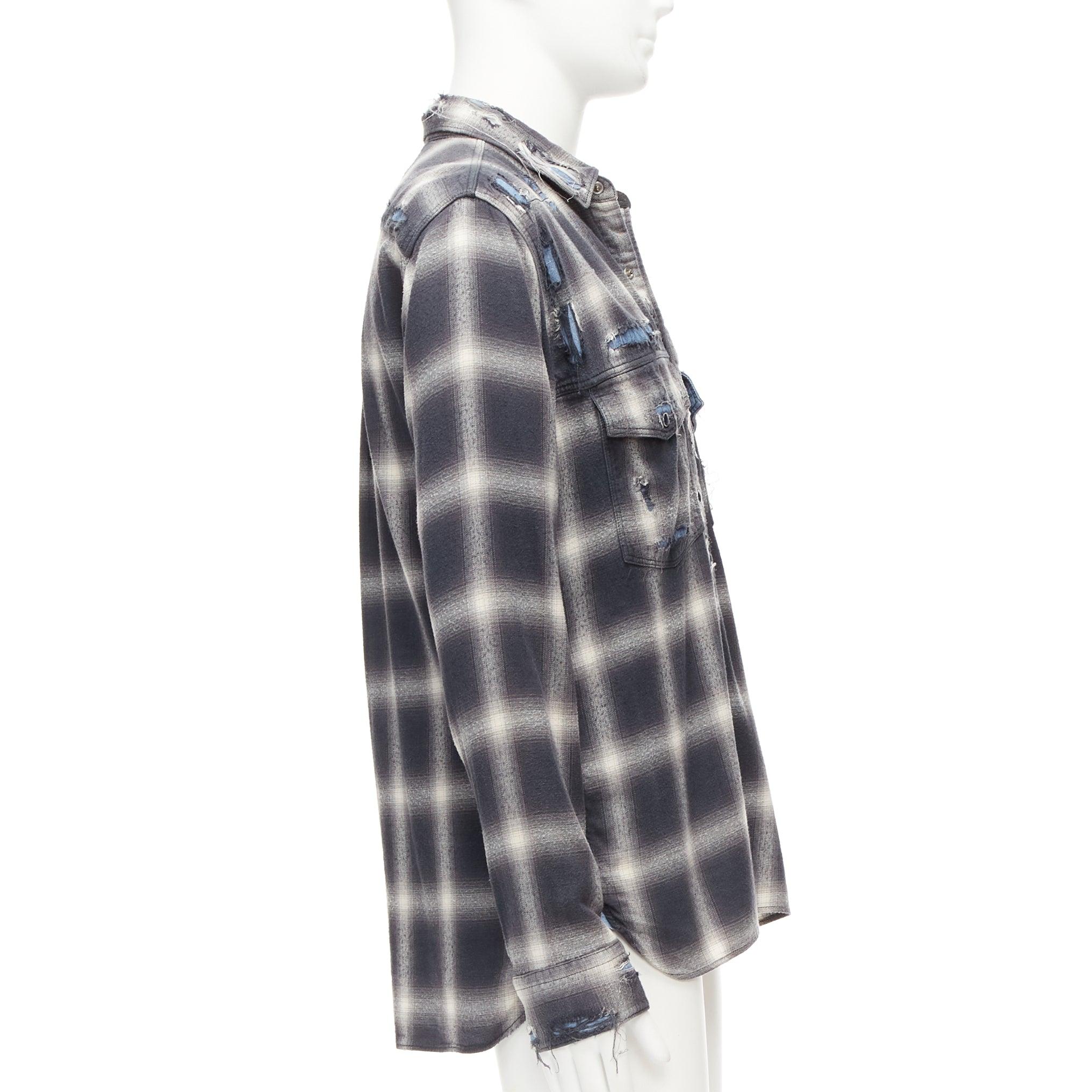 MIHARA YASUHIRO distressed grey plaid overlay blue casual shirt FR50 L In Good Condition For Sale In Hong Kong, NT