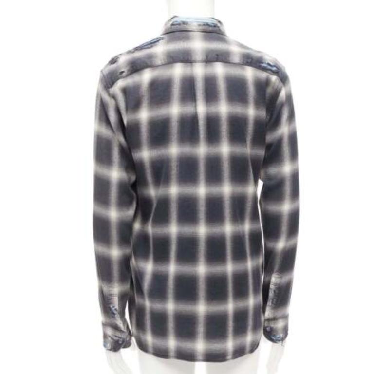 De los hombres MIHARA YASUHIRO camisa casual gris envejecida a cuadros superpuestos azul FR50 L en venta