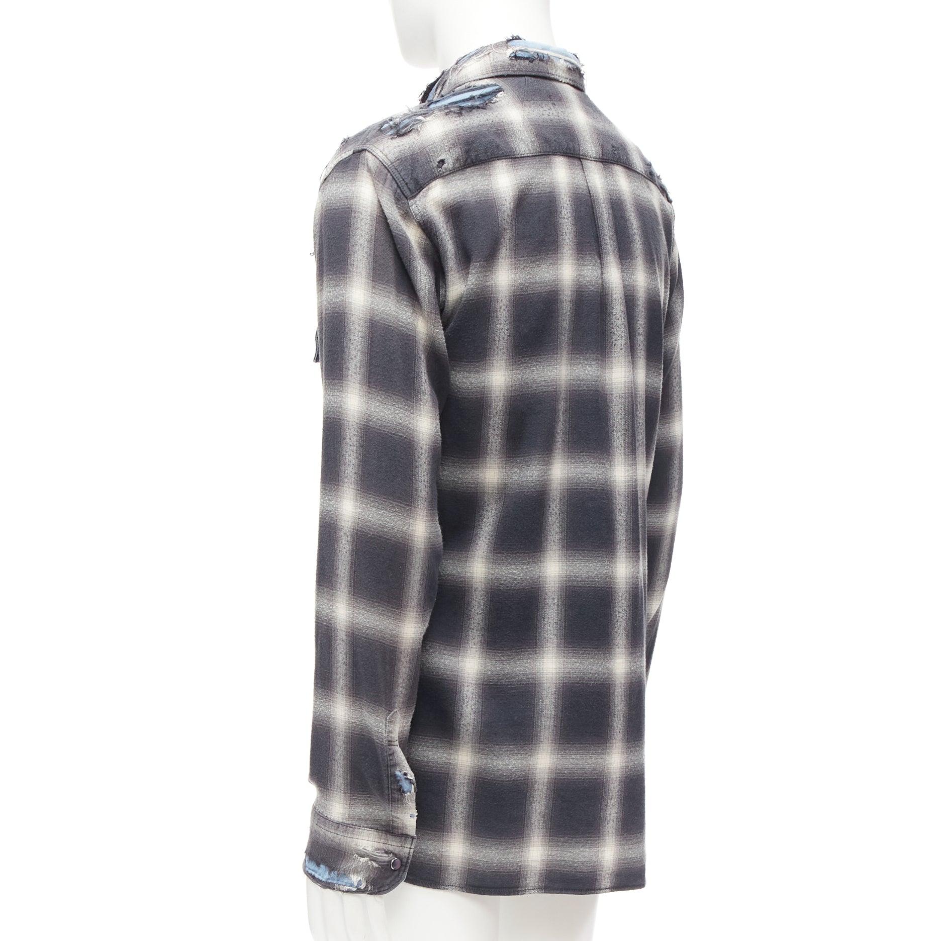 MIHARA YASUHIRO distressed grey plaid overlay blue casual shirt FR50 L For Sale 1