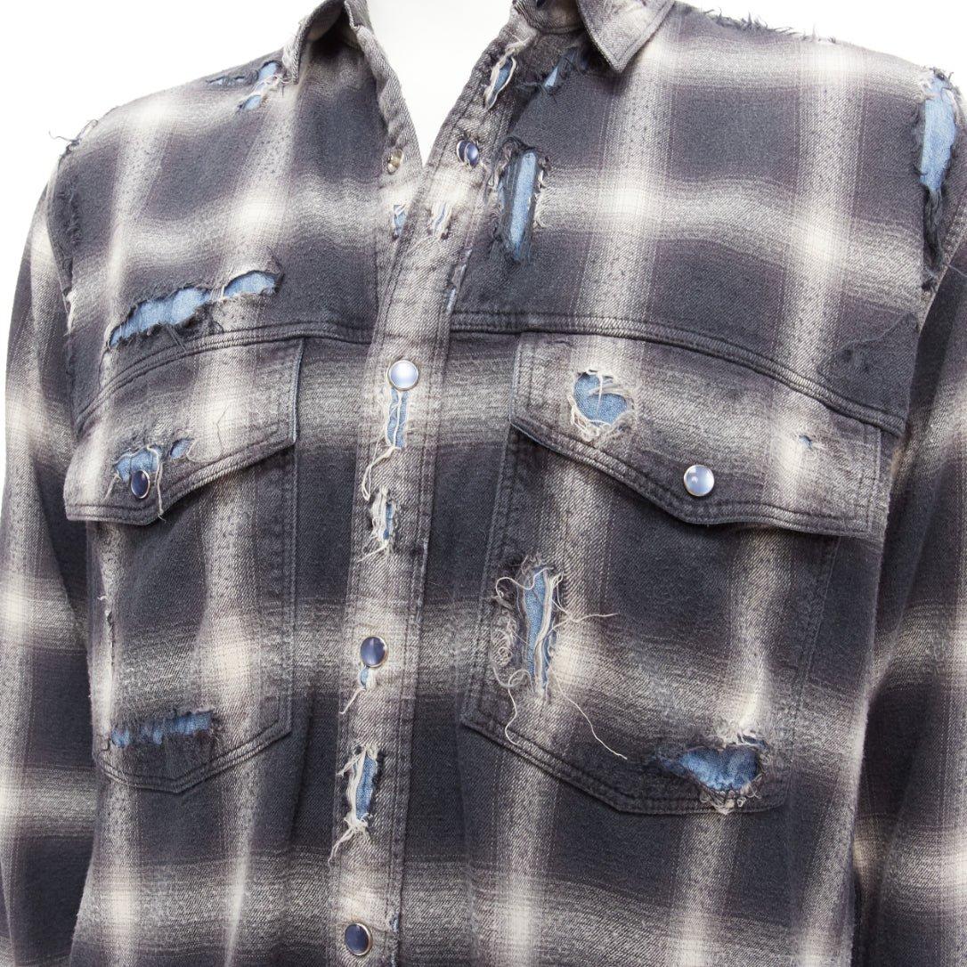 MIHARA YASUHIRO distressed grey plaid overlay blue casual shirt FR50 L For Sale 2