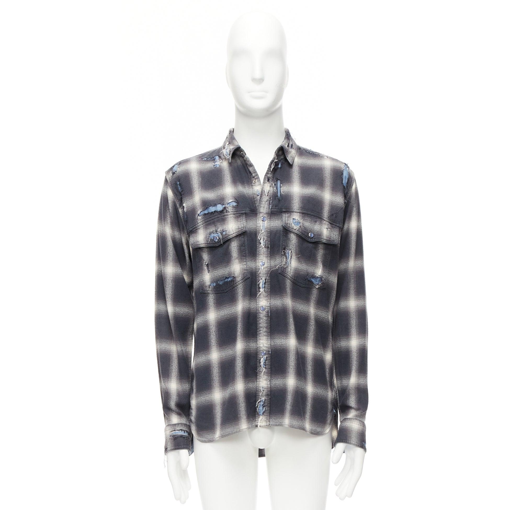 MIHARA YASUHIRO distressed grey plaid overlay blue casual shirt FR50 L For Sale 5