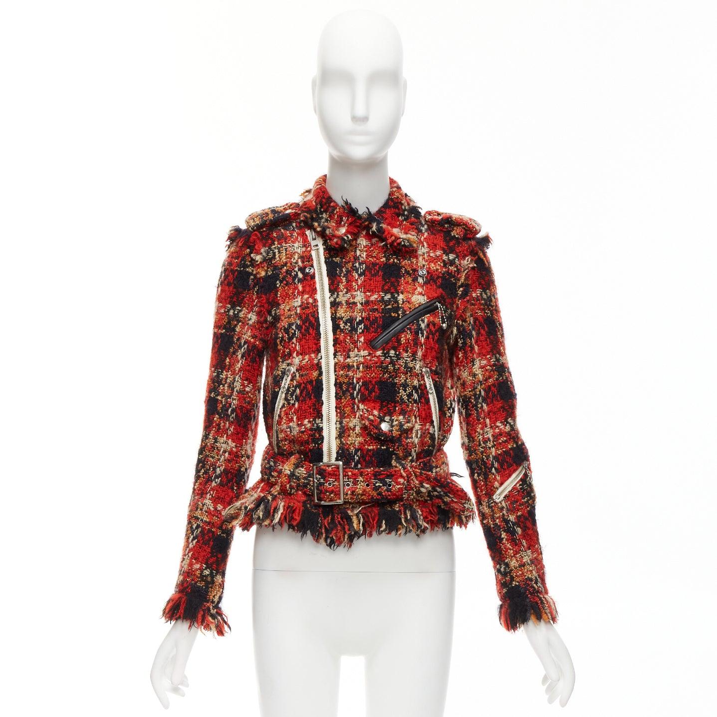 MIHARA YASUHIRO red plaid wool tweed PU trimmed biker jacket FR36 S For Sale 5