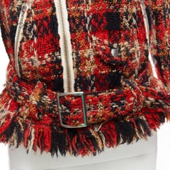 MIHARA YASUHIRO red plaid wool tweed PU trimmed biker jacket FR36 S