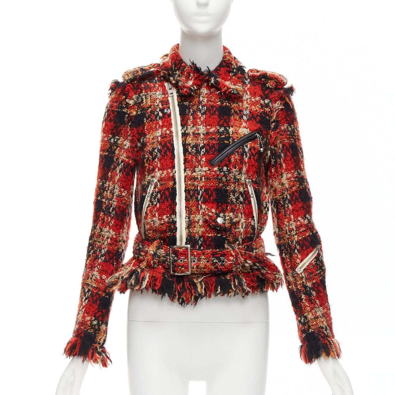 Brown MIHARA YASUHIRO red plaid wool tweed PU trimmed biker jacket FR36 S For Sale