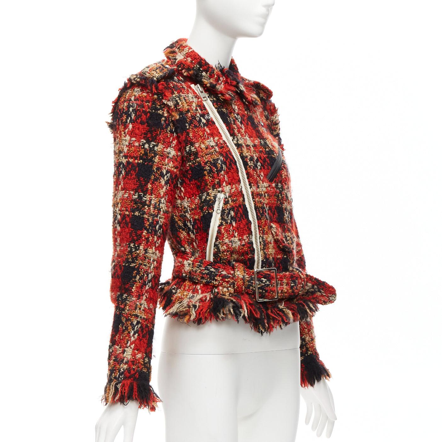 Women's MIHARA YASUHIRO red plaid wool tweed PU trimmed biker jacket FR36 S For Sale