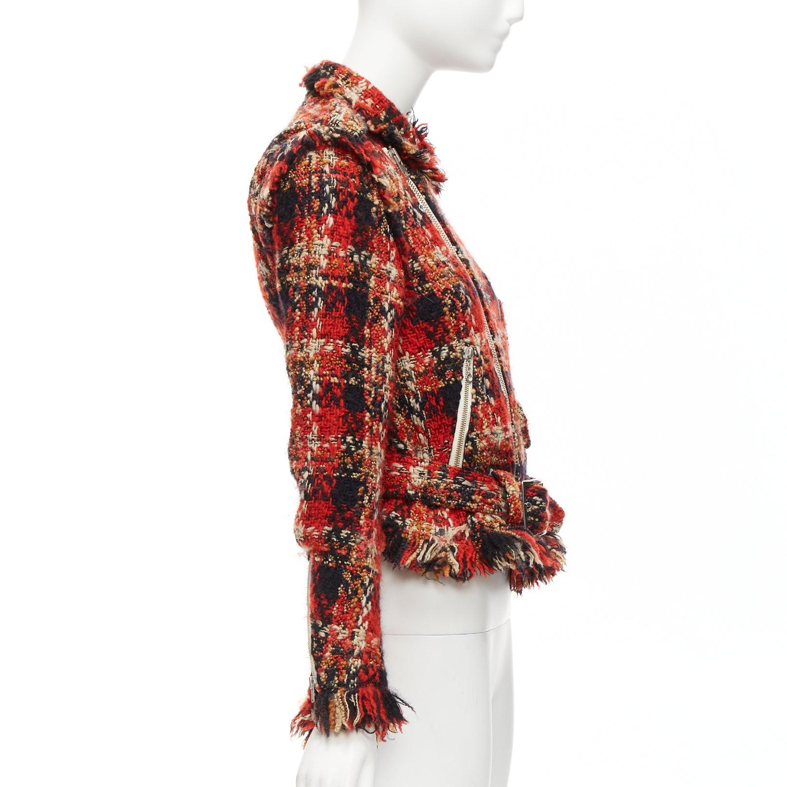 Women's MIHARA YASUHIRO red plaid wool tweed PU trimmed biker jacket FR36 S For Sale