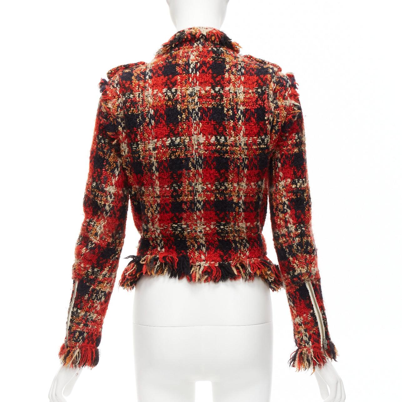 MIHARA YASUHIRO red plaid wool tweed PU trimmed biker jacket FR36 S For Sale 1