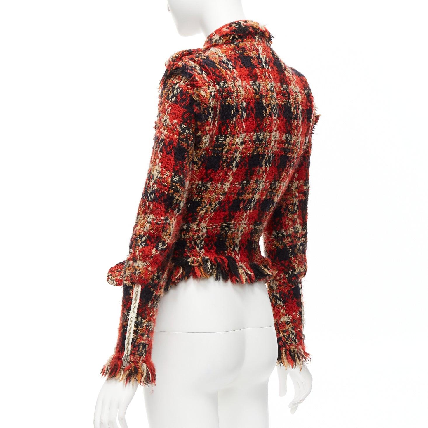 MIHARA YASUHIRO red plaid wool tweed PU trimmed biker jacket FR36 S For Sale 2