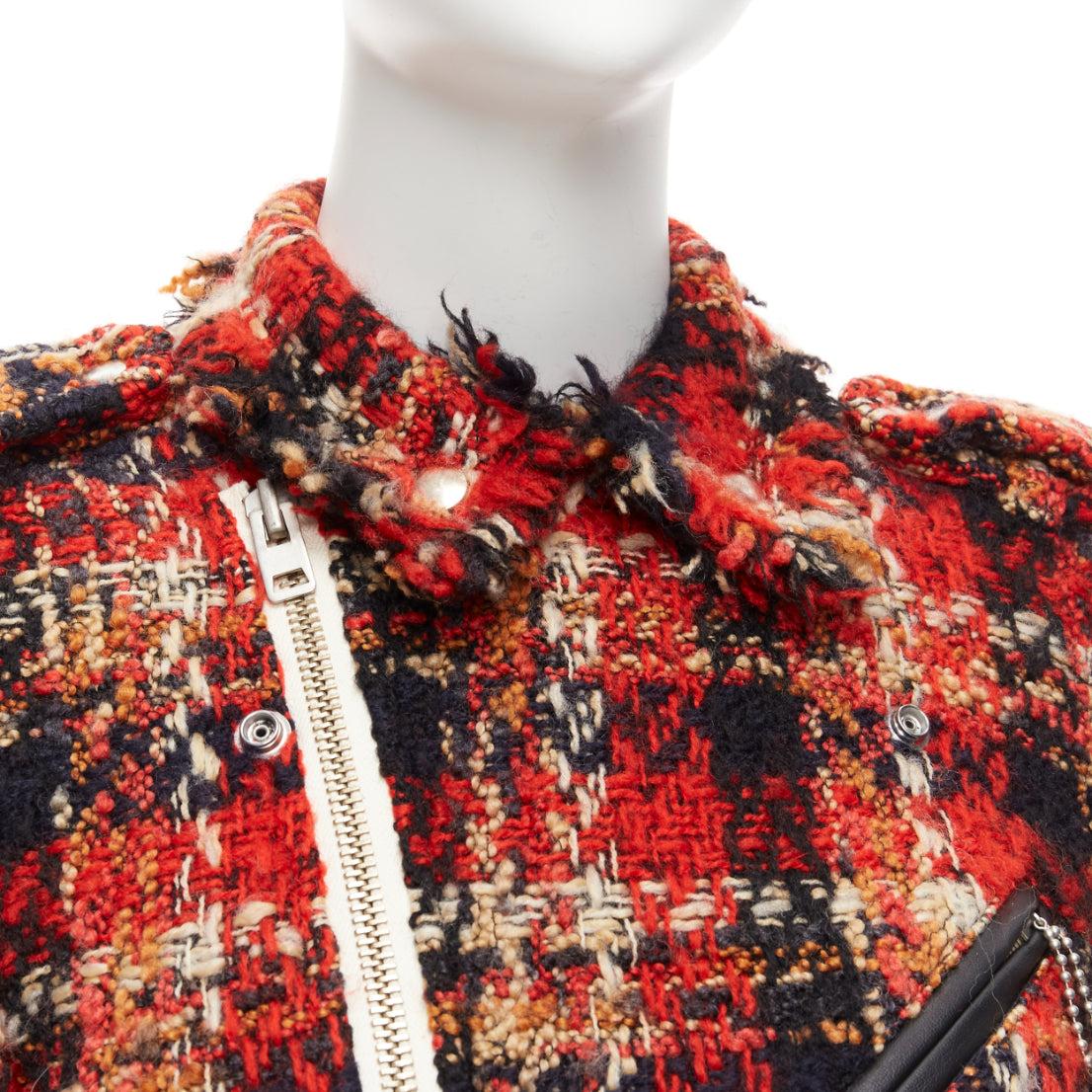MIHARA YASUHIRO red plaid wool tweed PU trimmed biker jacket FR36 S For Sale 4