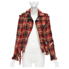 MIHARA YASUHIRO red plaid wool tweed PU trimmed biker jacket FR36 S