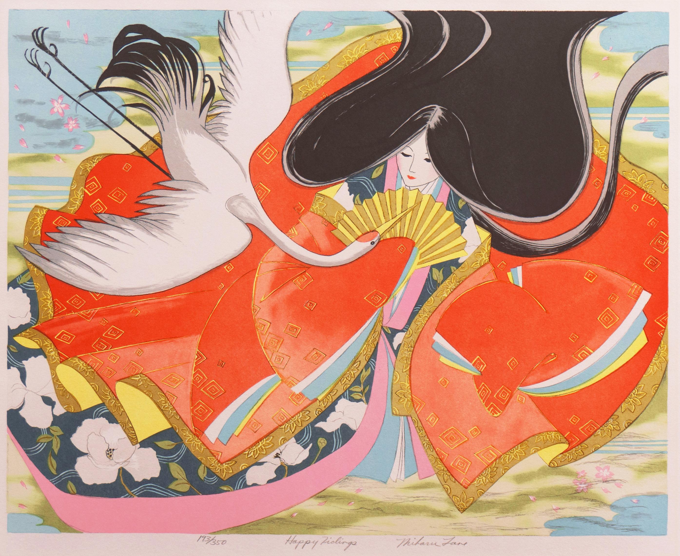 « Happy Tidings », Geisha, tenant un  Fan, reçoit une Crane blanche, Kimono en soie - Print de Miharu Lane