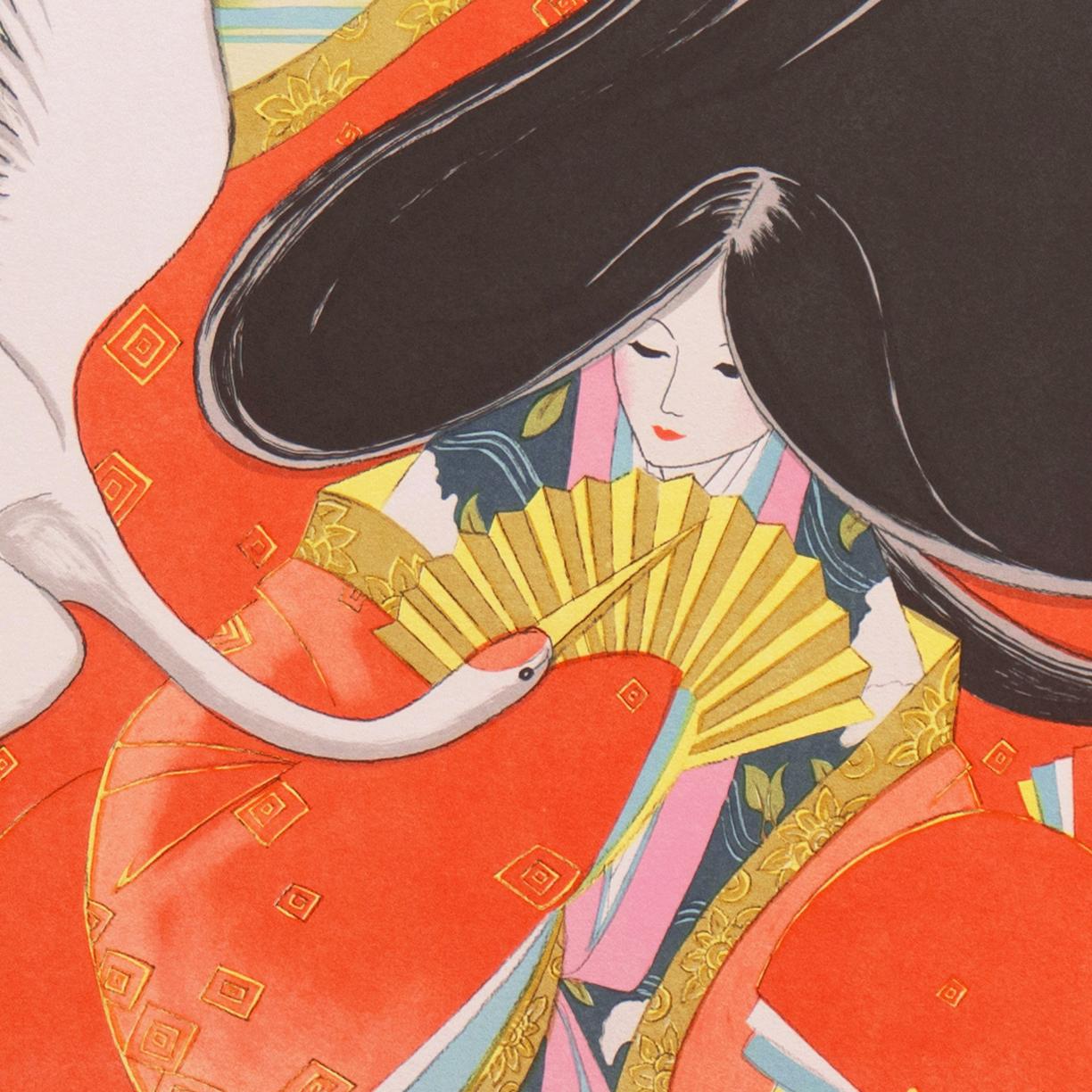 „ Happy Tidings“, Geisha, mit einem  Fan, erhält einen White Crane, Seidenkimono im Angebot 1