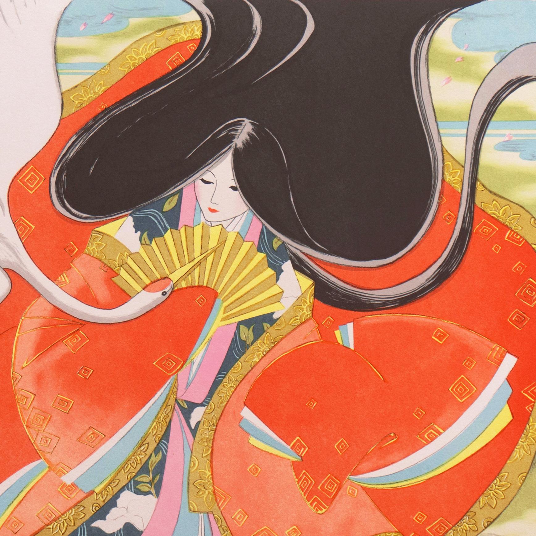 „ Happy Tidings“, Geisha, mit einem  Fan, erhält einen White Crane, Seidenkimono im Angebot 2
