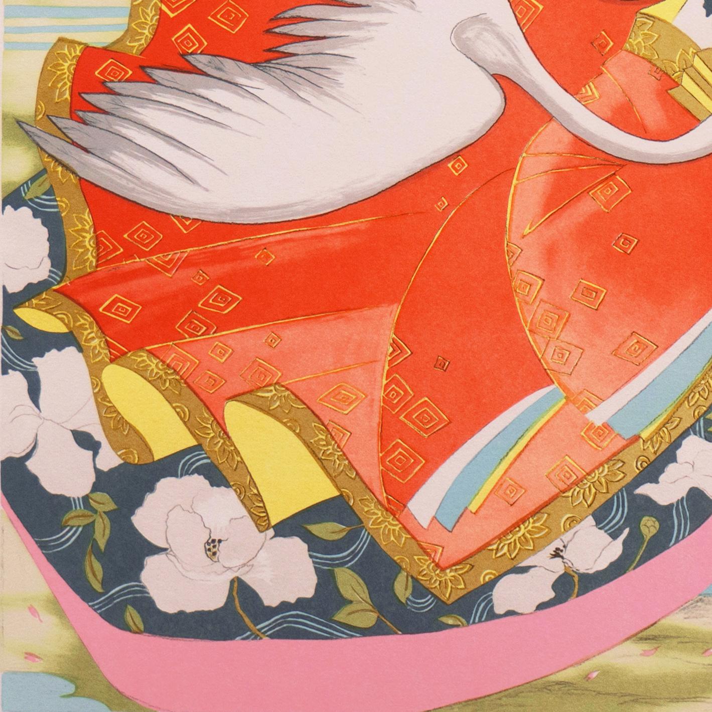 « Happy Tidings », Geisha, tenant un  Fan, reçoit une Crane blanche, Kimono en soie en vente 4