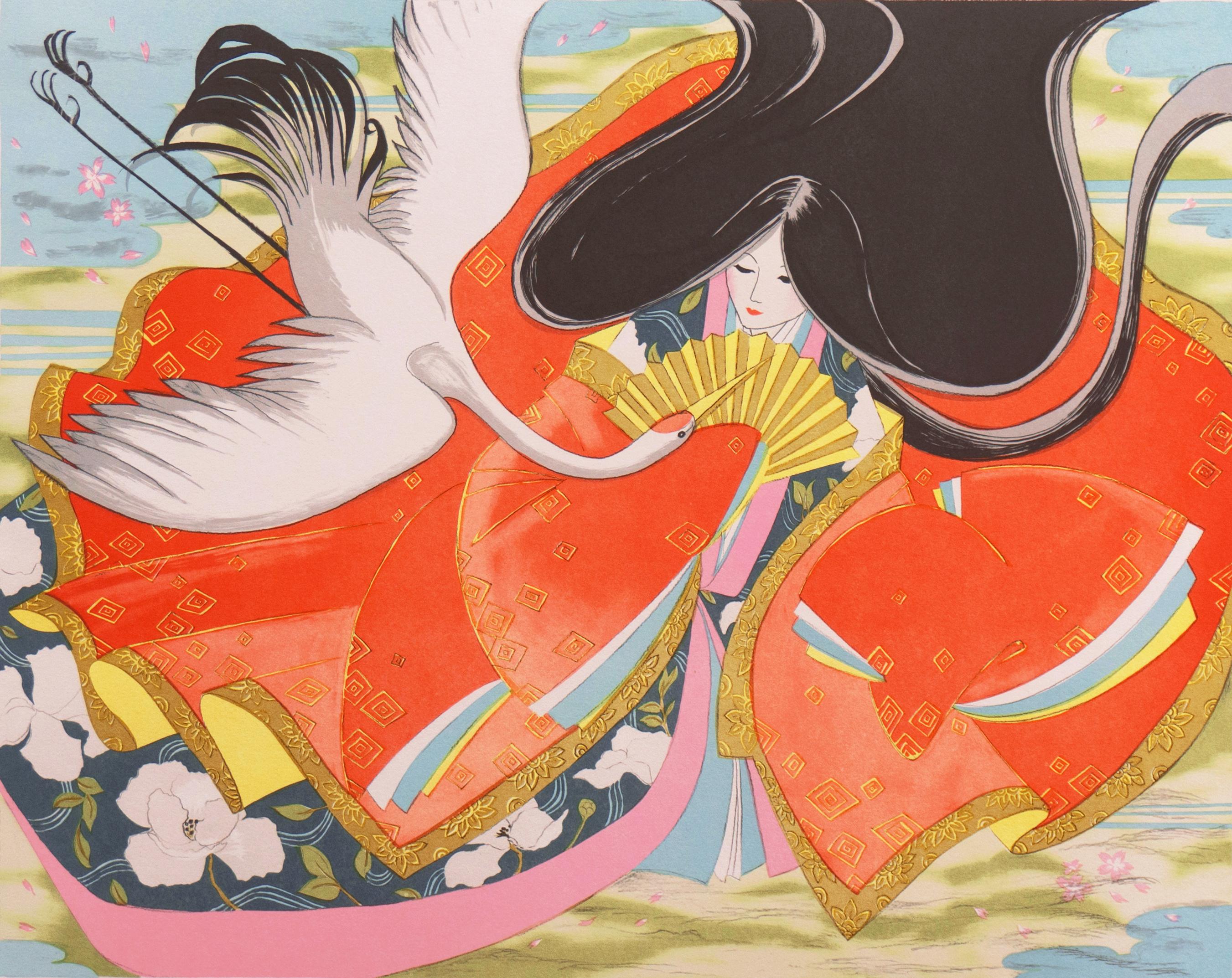 Animal Print Miharu Lane - « Happy Tidings », Geisha, tenant un  Fan, reçoit une Crane blanche, Kimono en soie
