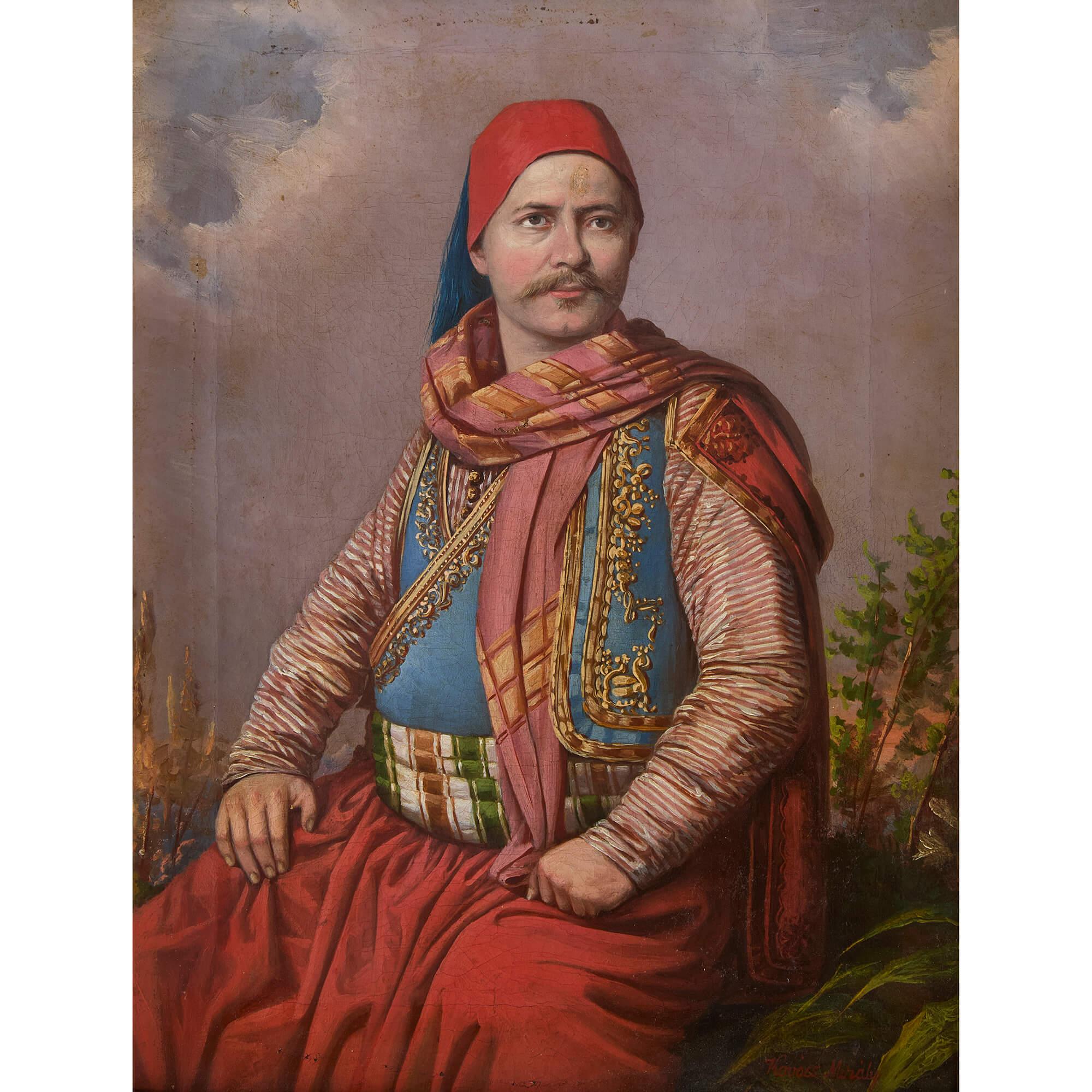Tschechisch 19. Jahrhundert Dalmatinische Tracht Junger Mann Orientalist Ölporträt Kovács – Painting von Mihály Kovács