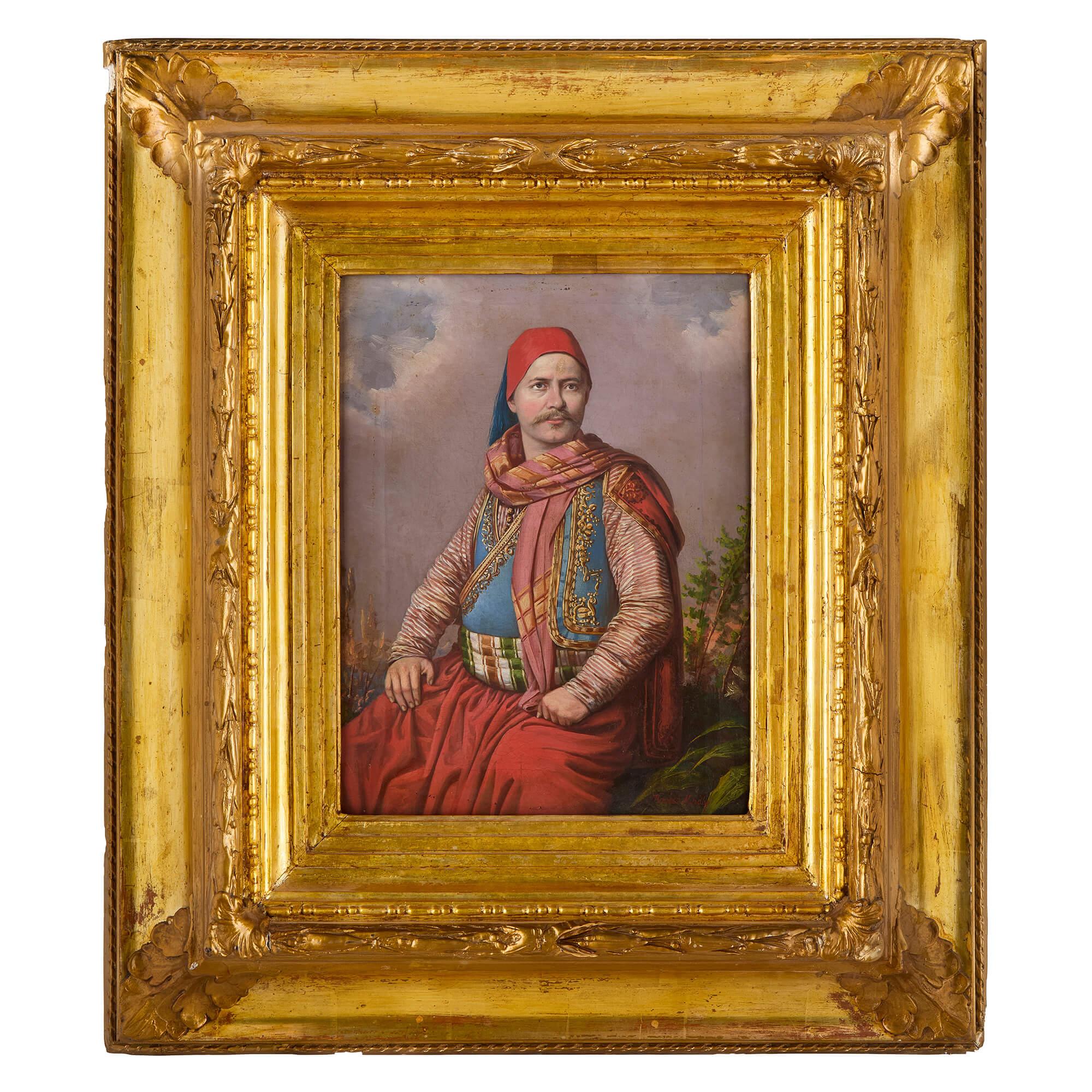 Mihály Kovács Figurative Painting – Tschechisch 19. Jahrhundert Dalmatinische Tracht Junger Mann Orientalist Ölporträt Kovács