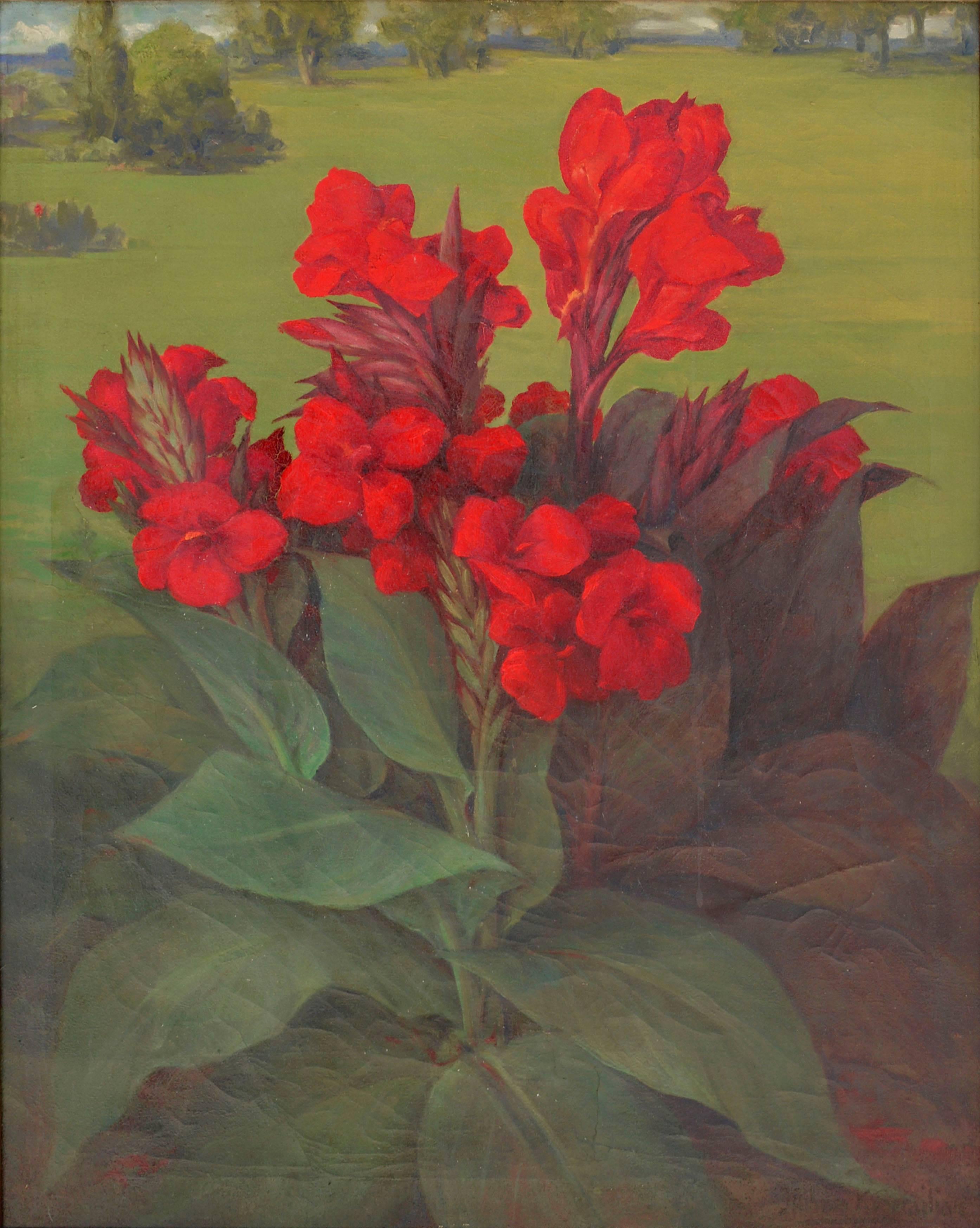 Mid Century Garden Landscape with Red Canna Lilies - Painting by Mihran K. Serailian