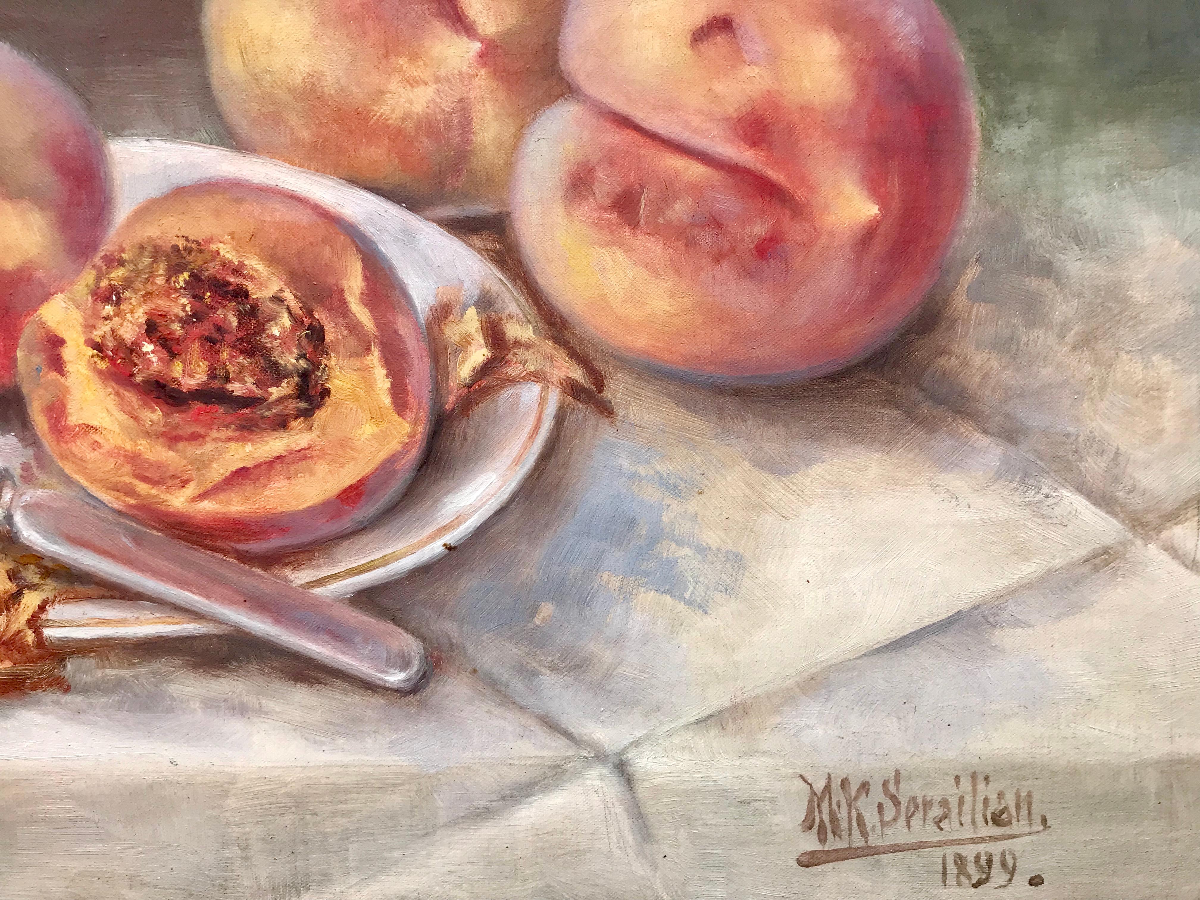 Oil on canvas painting by the California artist, Mihran K. Serailian.  Unlined canvas. Condition:  Very Good.  Signed and dated lower right, 1899. Original period frame with some wear consistent with age. Overall size framed 19 by 23.5