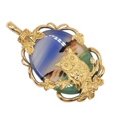 Miichi Iguchi K18 Gold Owl Landscape Agate Pendant Japanese Jewelry