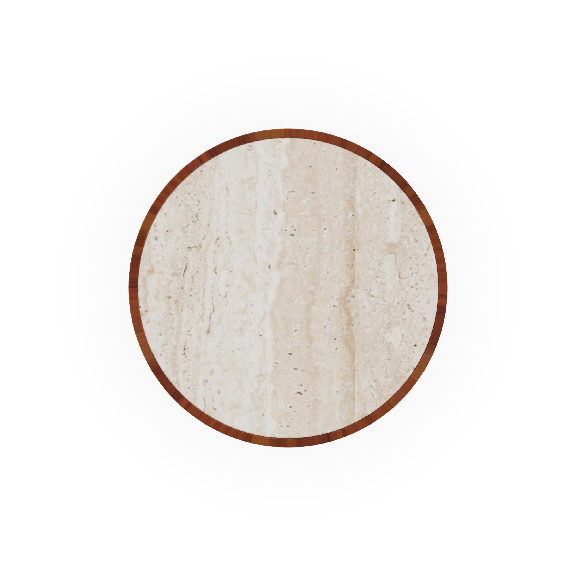 Portuguese Mijas Outdoor Side Table With Travertine Surface and Solid Iroko Base For Sale