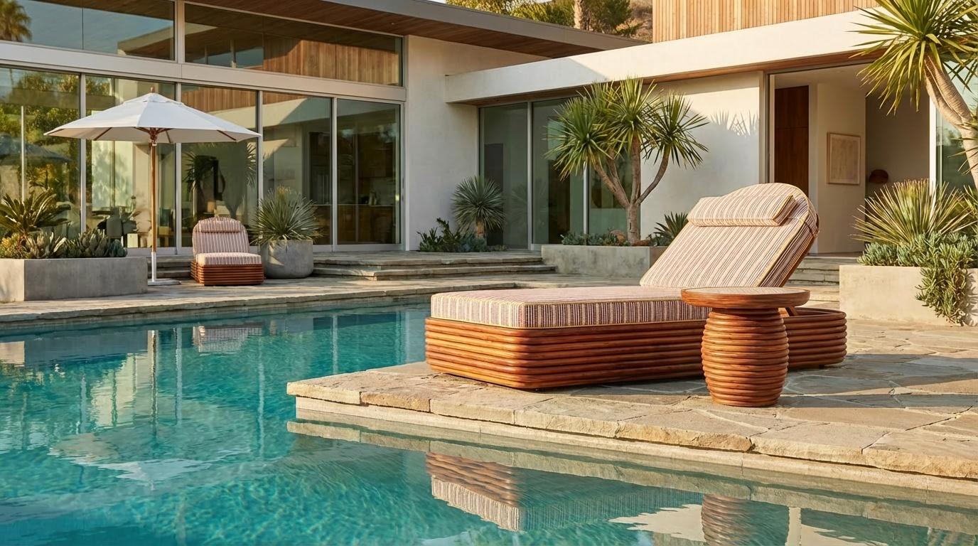 Table d'appoint d'extérieur Mijas avec surface en travertin et base en iroko massif Neuf - En vente à Carvalhosa, PT