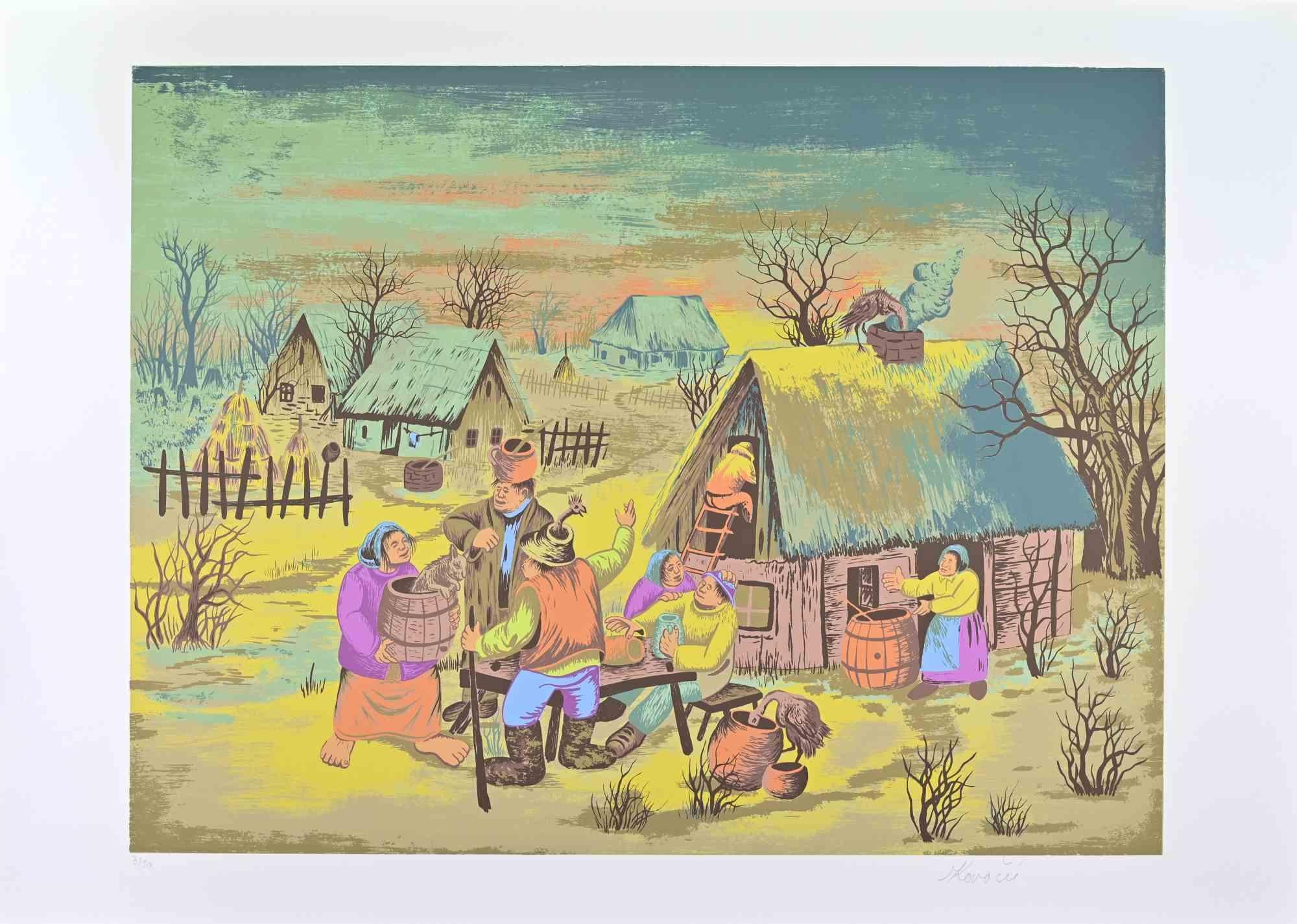 Selo (Village Gathering) - Screenprint by Mijo Kovacic - 1980s