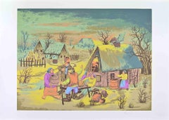 Selo (Village Gathering) - Screenprint by Mijo Kovacic - 1980s