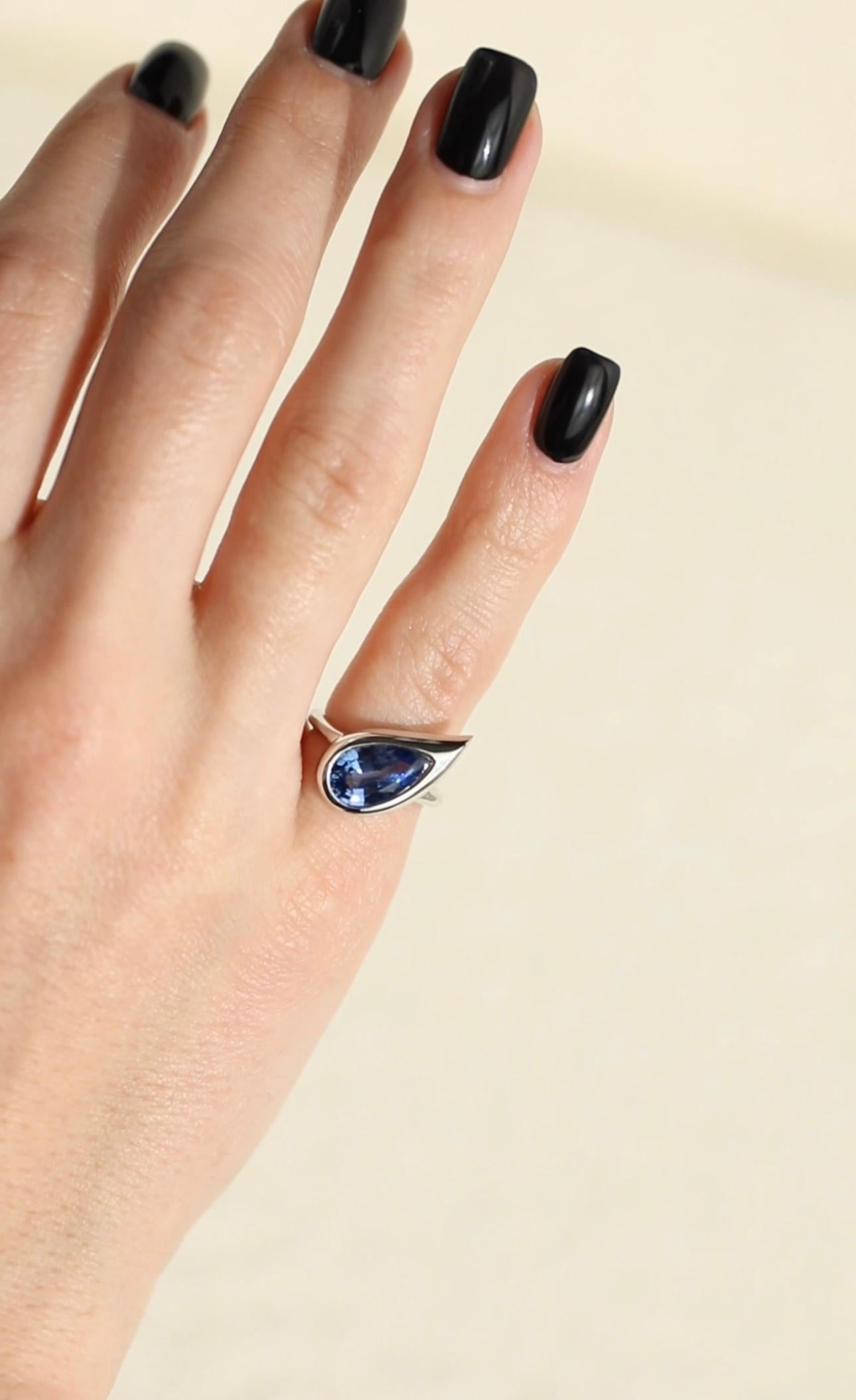 Pear Cut Mika Pinky Ring in White Gold with Pear Blue Sapphire For Sale
