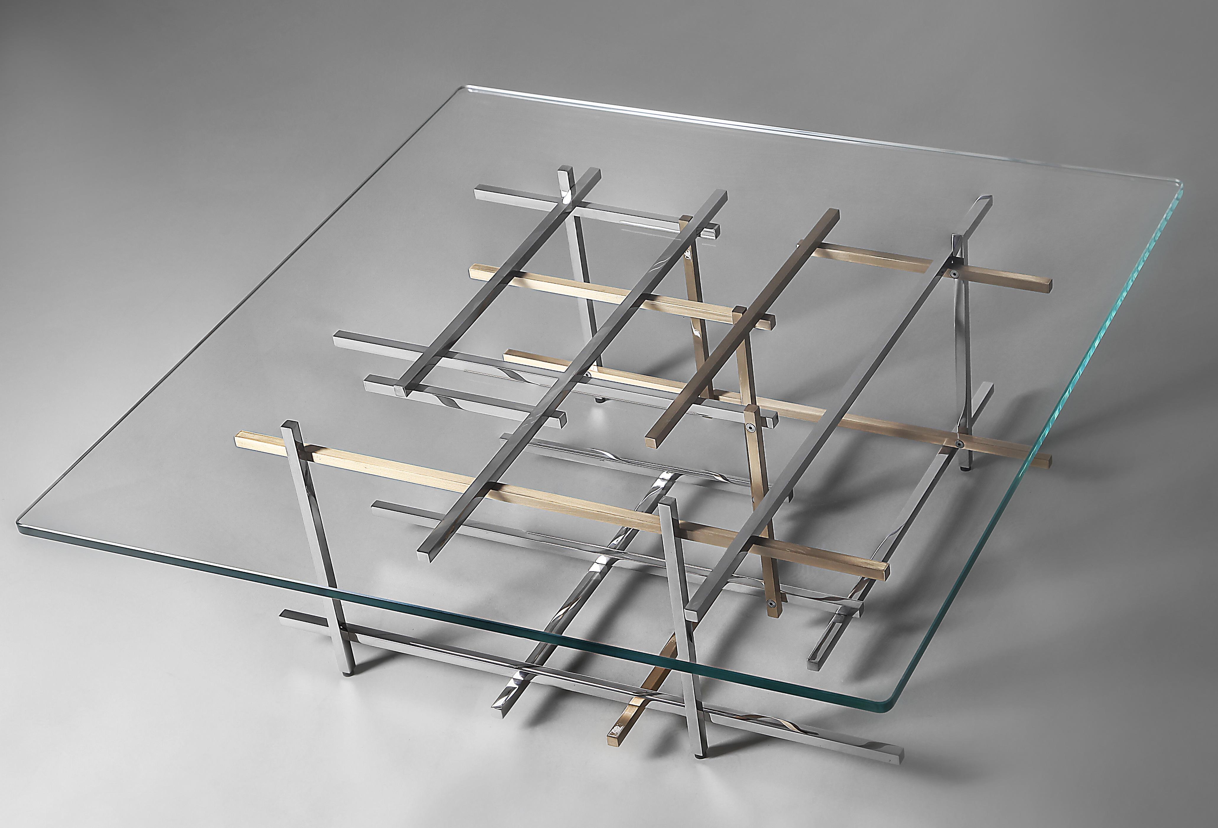 Modern Mikado, Coffee Table in Hand Polished Stainless Steel, Brushed Brass and Glass For Sale