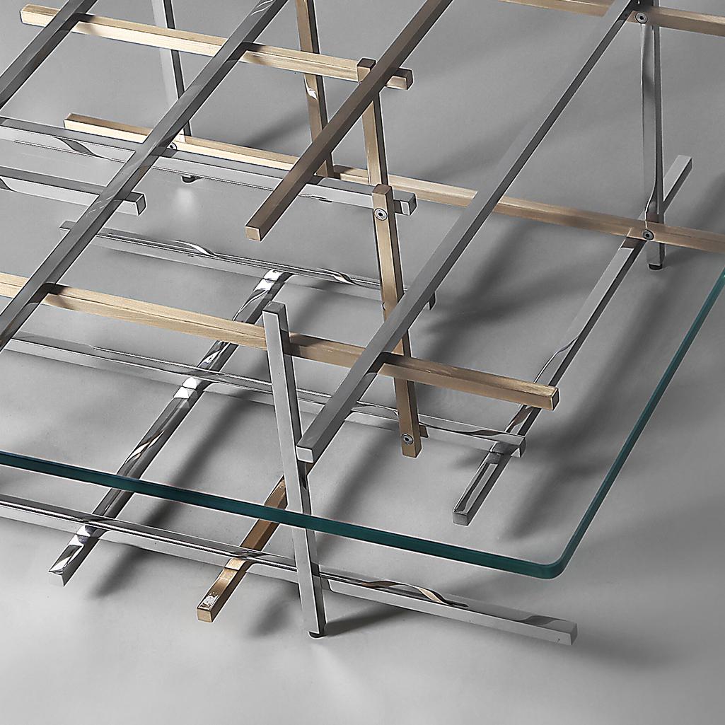 Modern Mikado, Coffee Table in Hand Polished Stainless Steel, Brushed Brass and Glass