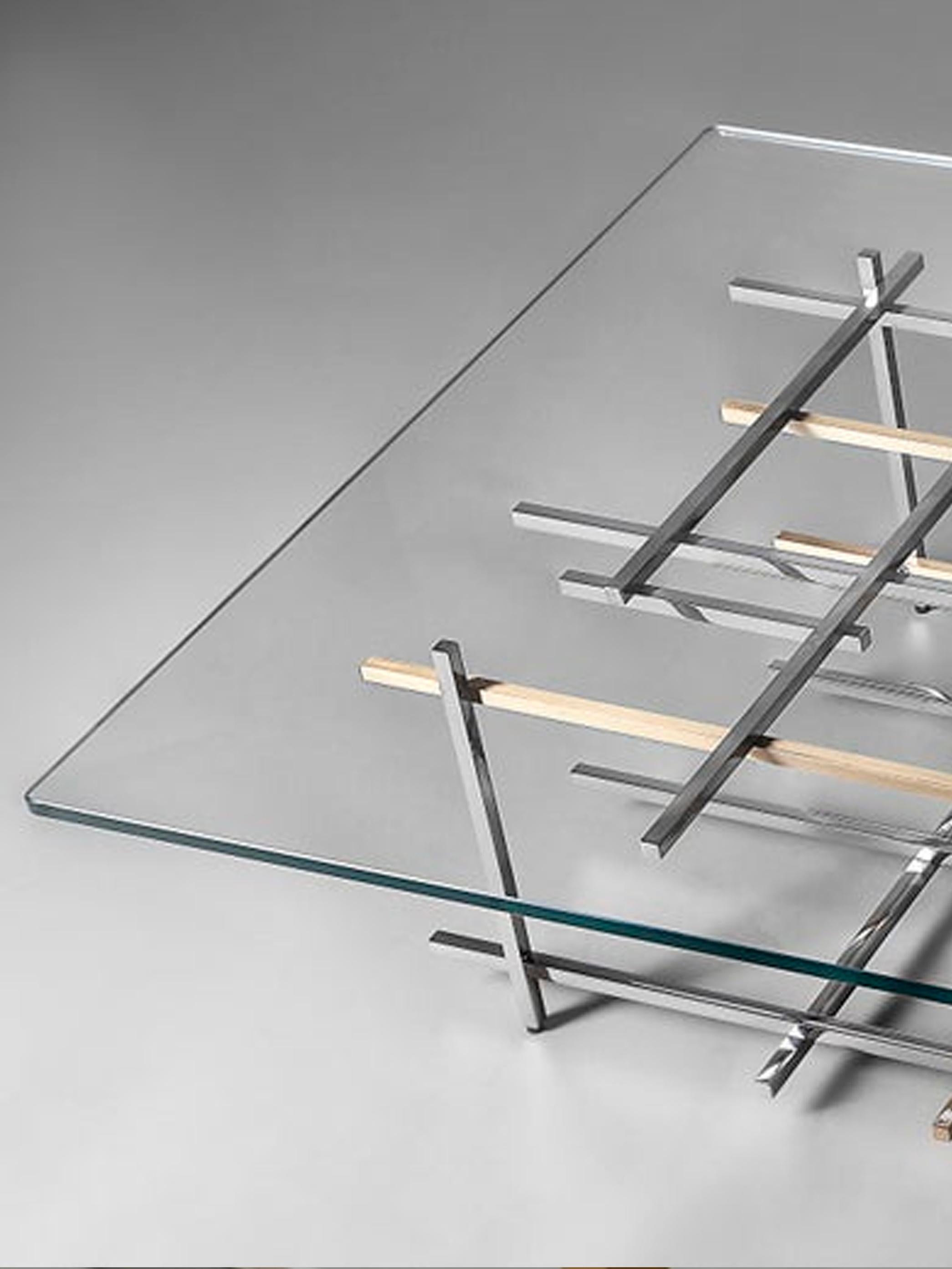 Mikado, Coffee Table in Hand Polished Stainless Steel, Brushed Brass and Glass In New Condition For Sale In Beirut, LB