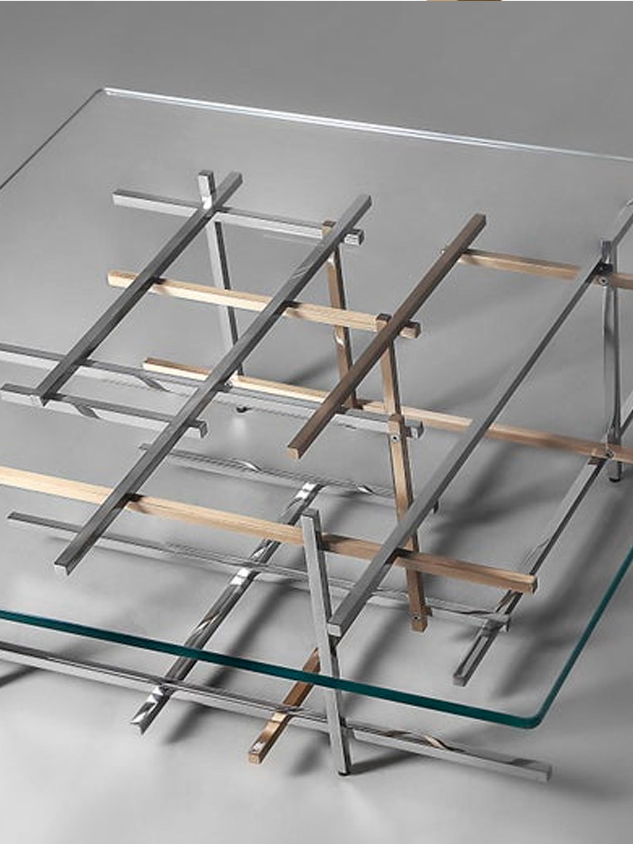 Contemporary Mikado, Coffee Table in Hand Polished Stainless Steel, Brushed Brass and Glass For Sale