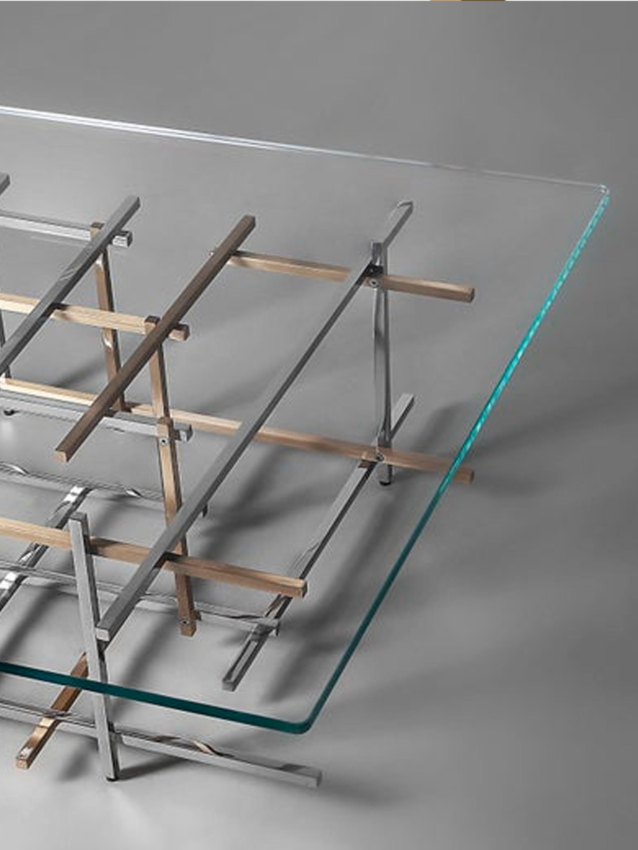 Mikado, Coffee Table in Hand Polished Stainless Steel, Brushed Brass and Glass For Sale 1