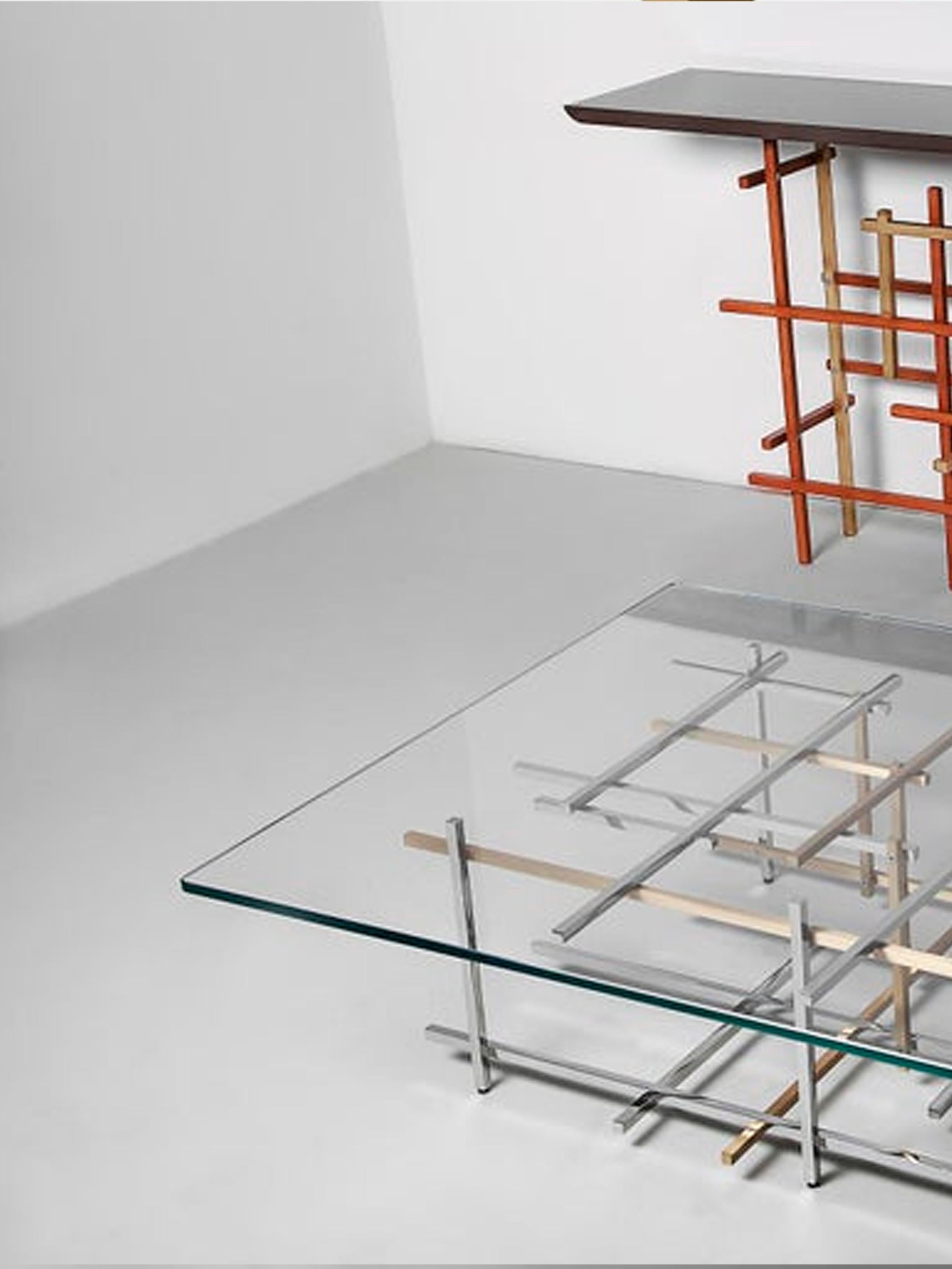 Mikado, Coffee Table in Hand Polished Stainless Steel, Brushed Brass and Glass For Sale 2