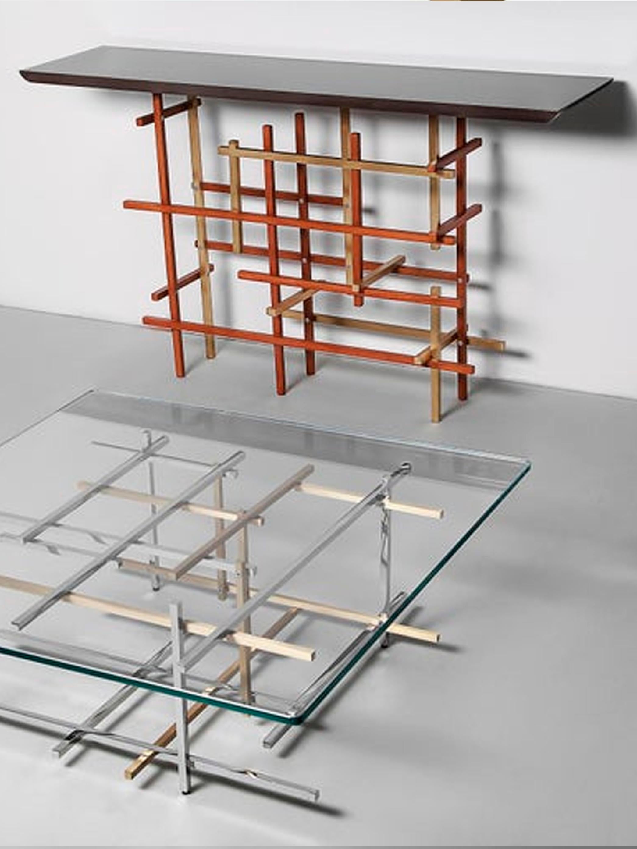 Mikado, Coffee Table in Hand Polished Stainless Steel, Brushed Brass and Glass For Sale 3
