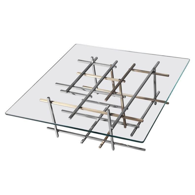 Mikado, Coffee Table in Hand Polished Stainless Steel, Brushed Brass and Glass For Sale