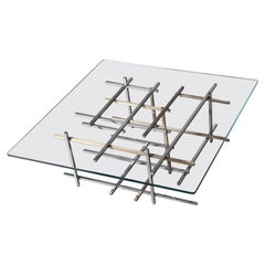 Mikado, Coffee Table in Hand Polished Stainless Steel, Brushed Brass and Glass