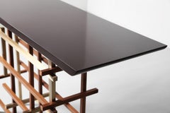 Mikado, Console in High-Gloss Lacquer, Rough Teak Wood and Polished Stainless