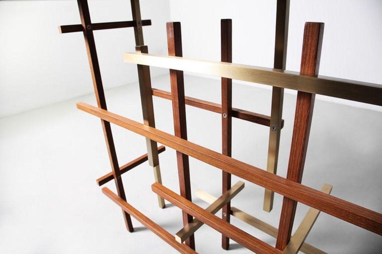 Lebanese Mikado, Console in High-Gloss Lacquer, Rough Teak Wood and Polished Stainless For Sale