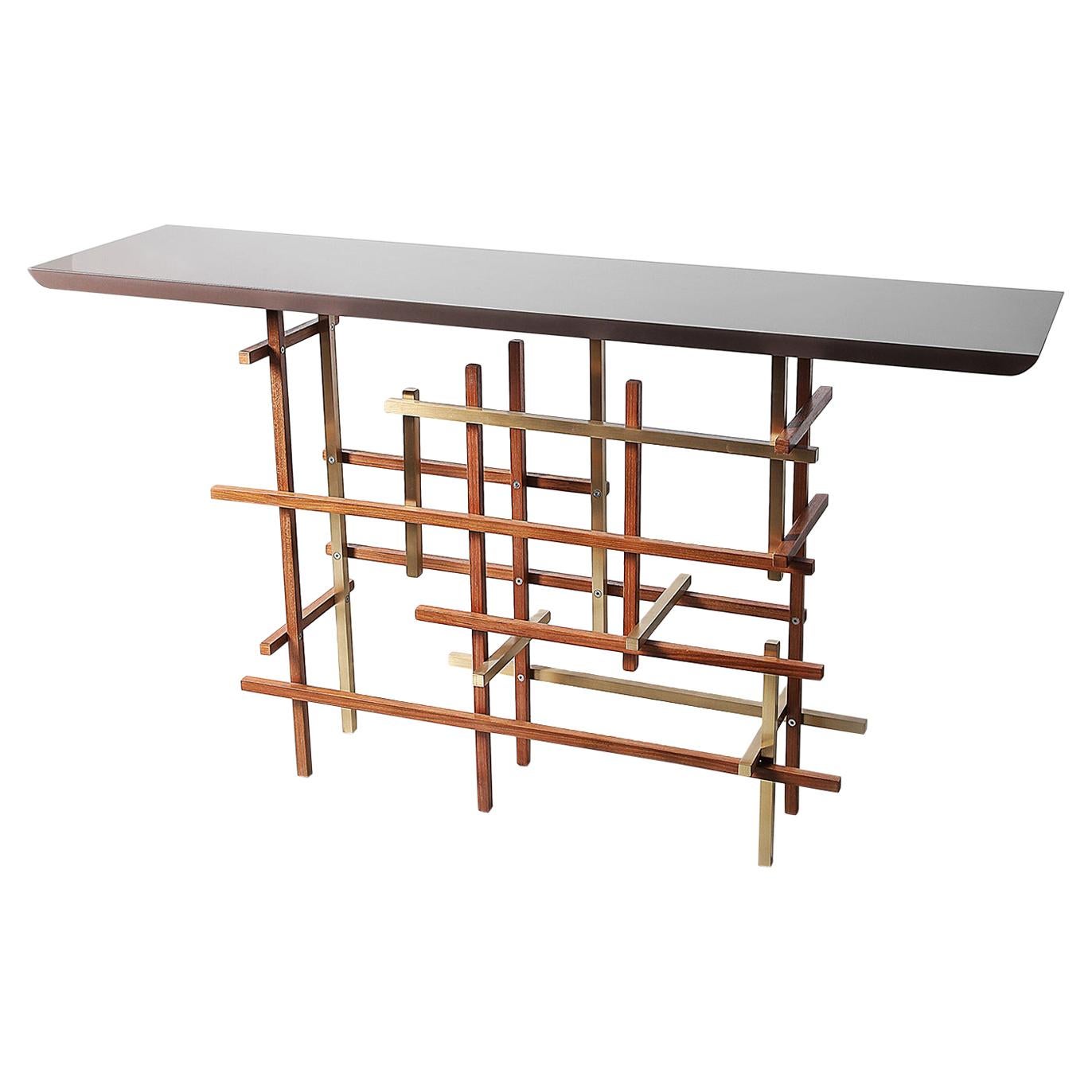 Mikado, Console in High-Gloss Lacquer, Rough Teak Wood and Polished Stainless