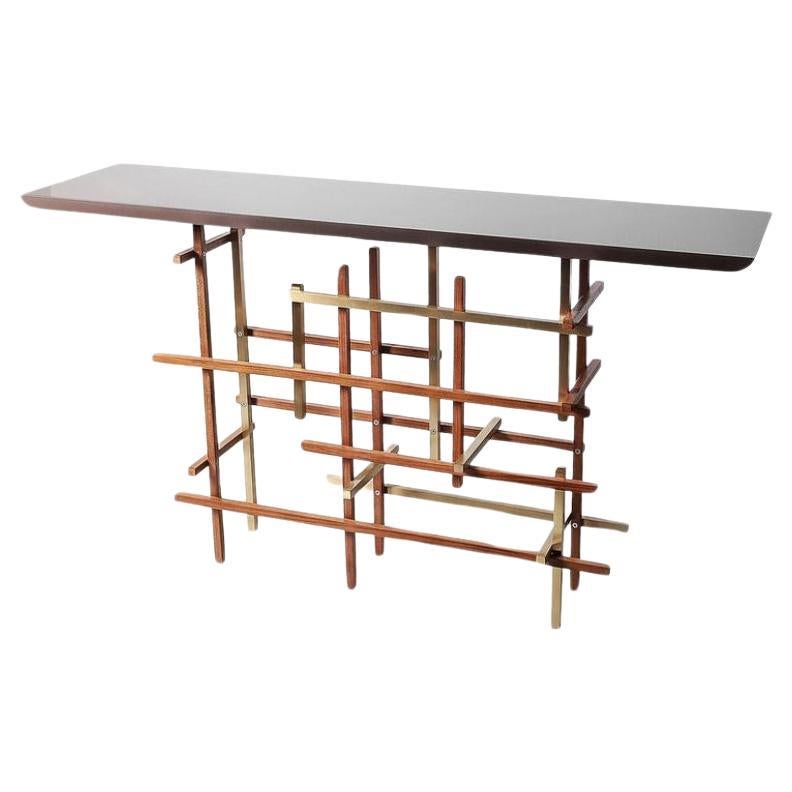 Mikado, Console in High-Gloss Lacquer, Rough Teak Wood and Polished Stainless For Sale