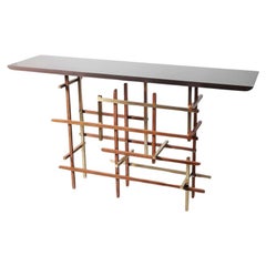 Mikado, Console in High-Gloss Lacquer, Rough Teak Wood and Polished Stainless