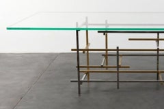 Mikado, Dining Table in Hand Polished Stainless Steel, Brushed Brass and Glass