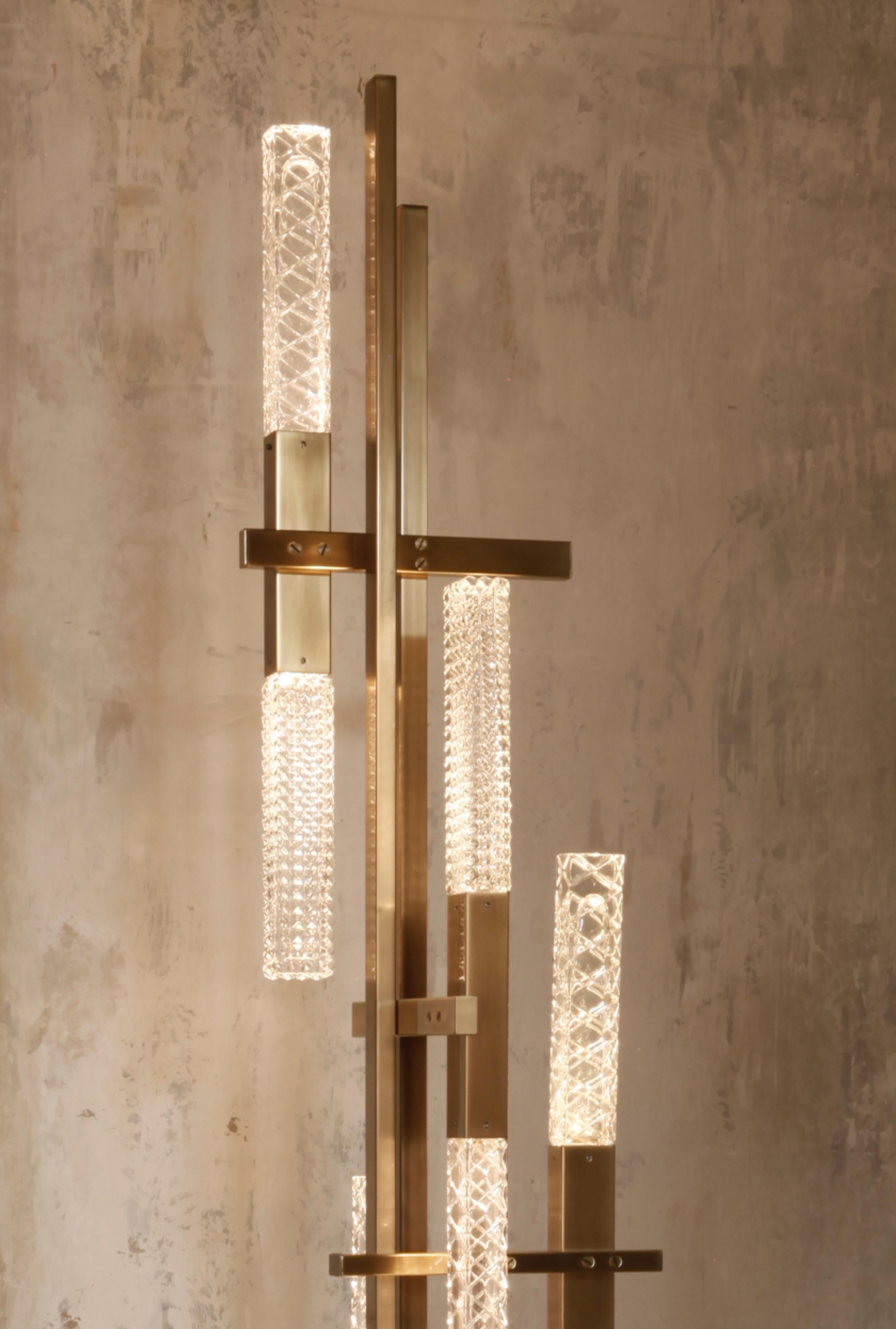 Italian Mikado Floor Lamp in Satin Brass and Crystal Diffusers For Sale
