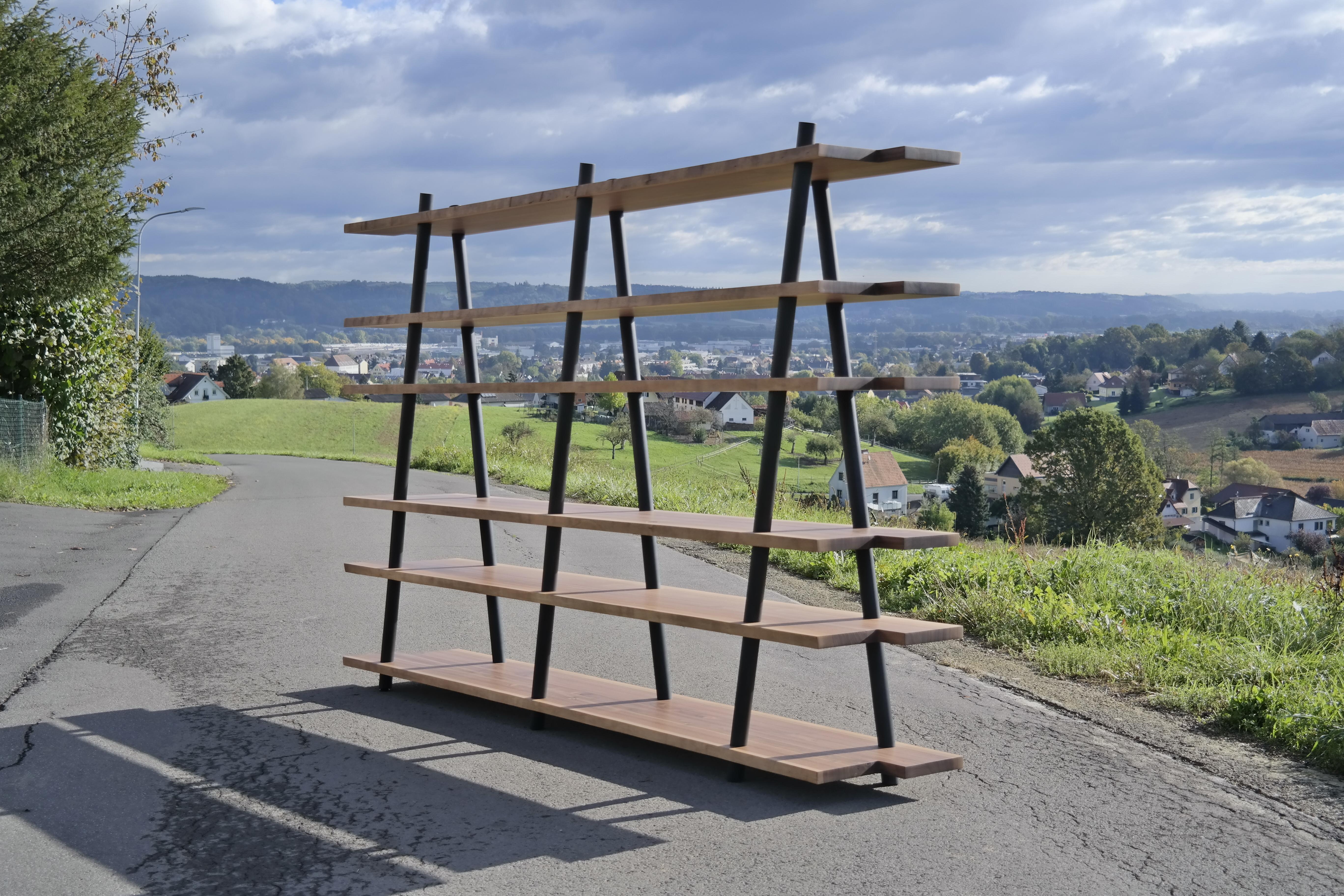 Bibliothèque Mikado par Christian Friedl
Edition limitée à 3 exemplaires
Dimensions : D 45 x L 280 x H 185 cm.
MATERIAL : Noyer, Beeche.

Mikado raconte son histoire...
Je suis une sculpture dans votre espace, vous pouvez me poser des pièces uniques